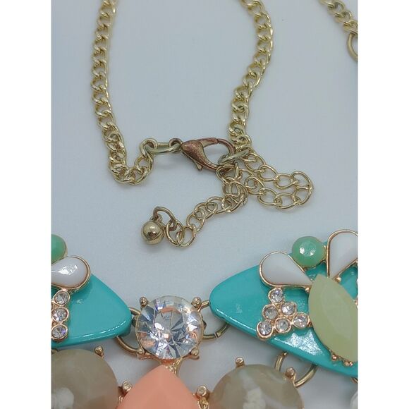 Turquoise Green Peach Clear Rhinestone Gold Tone Chain 16-19" Statement Necklace - Picture 7 of 7